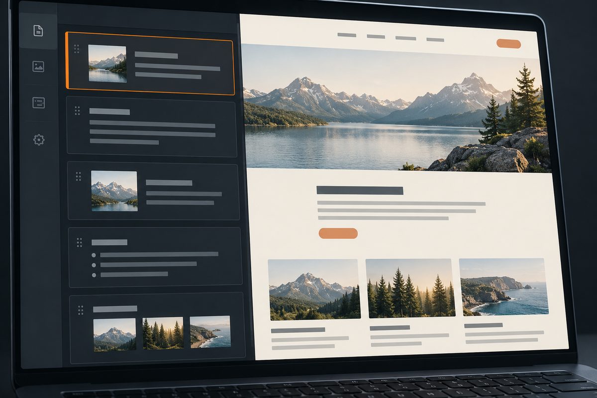 Structured website content fields beside a public page preview